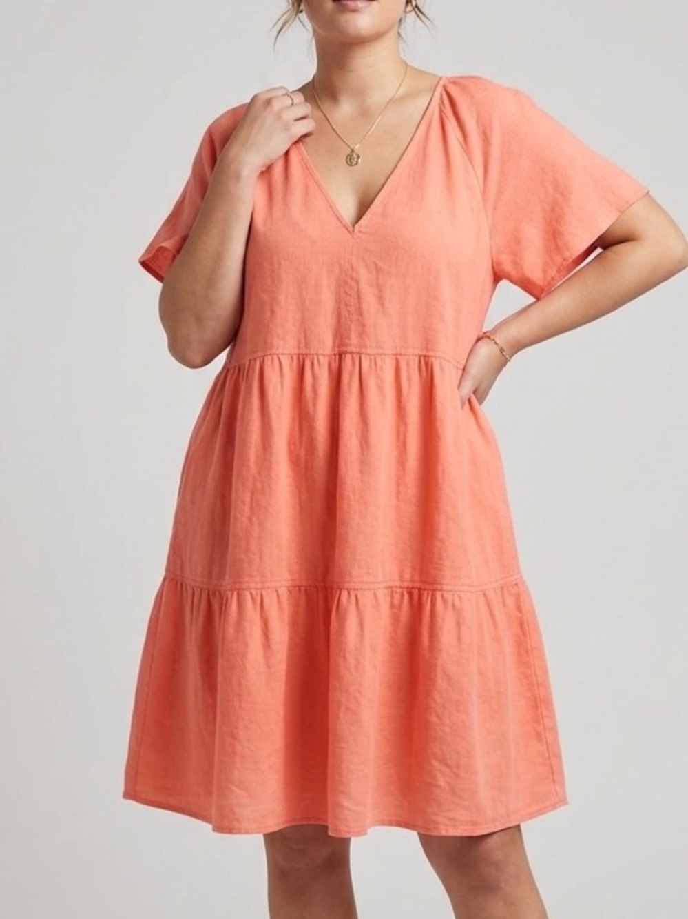 Universal Thread Flutter Sleeve Linen Rayon Tiered Pocket Dress Coral Large